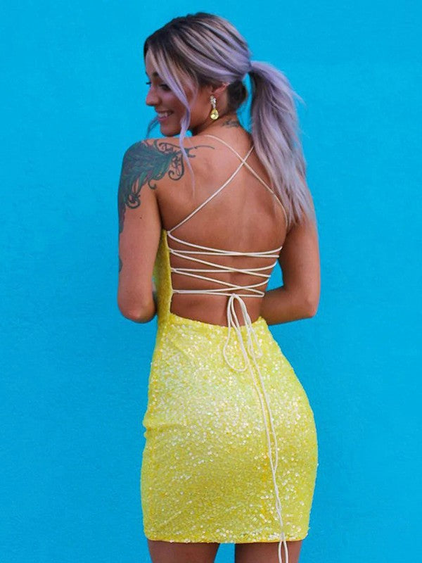 Vestidos cortos/mini sin mangas con tirantes finos y lentejuelas de corte tubo/columna